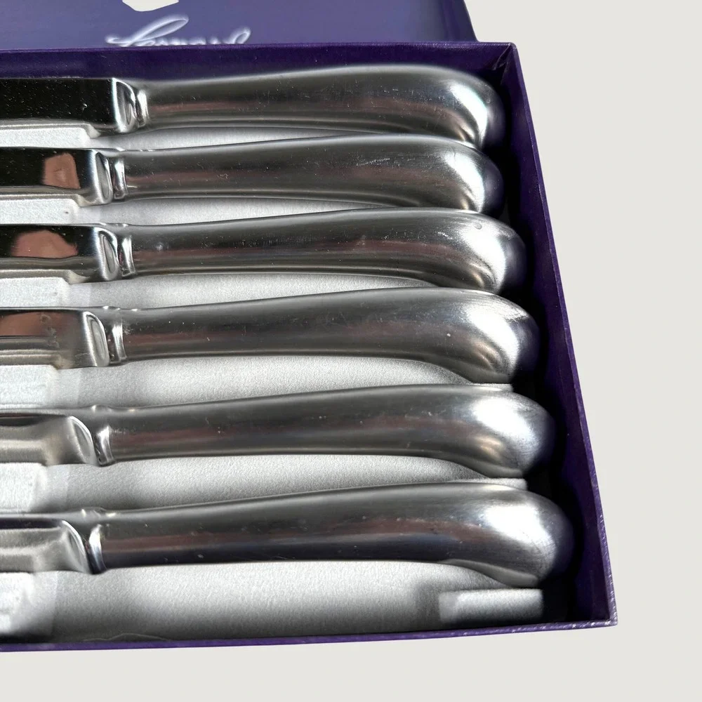 Leonard Silver Steak Knife Set 6pc Serrated Pistol Grip Stainless Steel Vintage